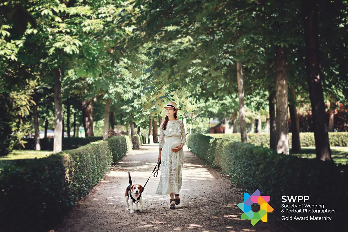 pregnant woman walking with the dog in the park
