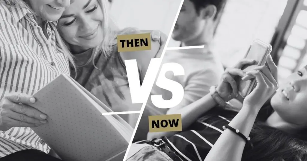 Then vs Now comparison showing printed photo albums vs digital scrolling