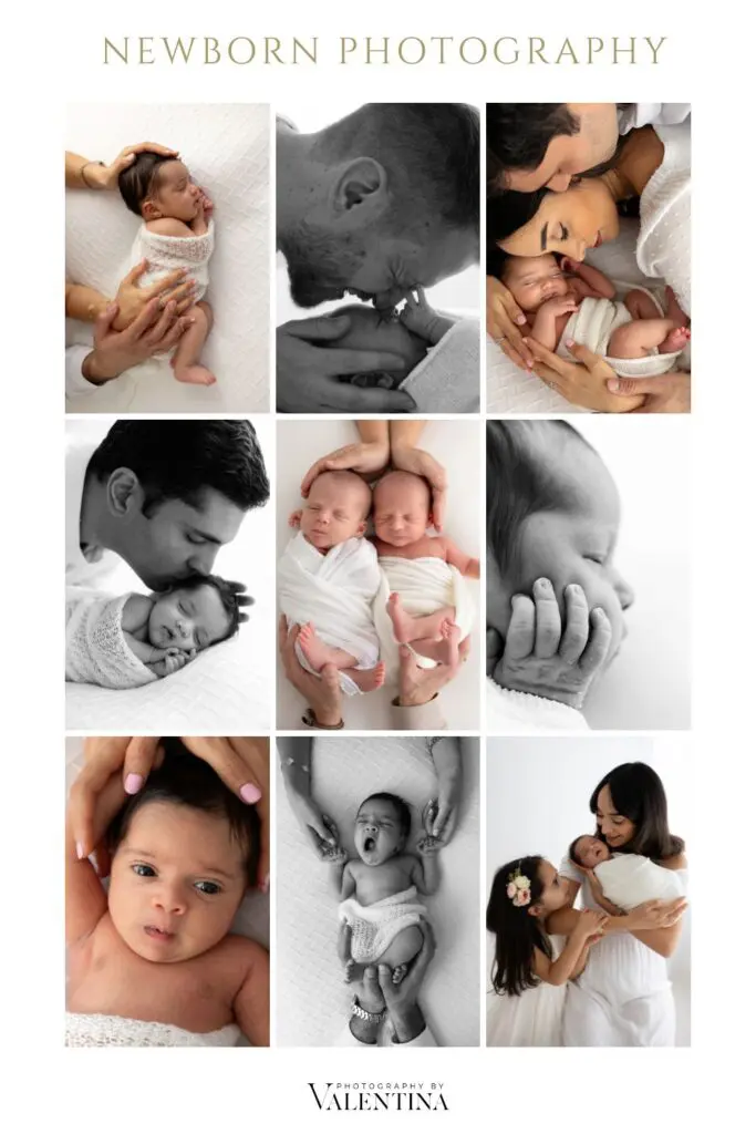A collection of heartwarming newborn photography portraits, including close-ups, family cuddles, and sleeping babies — captured by London newborn photographer Photography by Valentina.