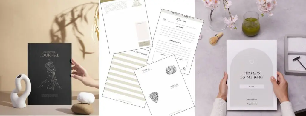 Visual of two printable journals for expectant mums: the elegant black Pregnancy Journal and the soft-toned “Letters to My Baby” keepsake. Pages include weekly prompts, reflections, and memory sections designed to support a mindful and emotional pregnancy journey.