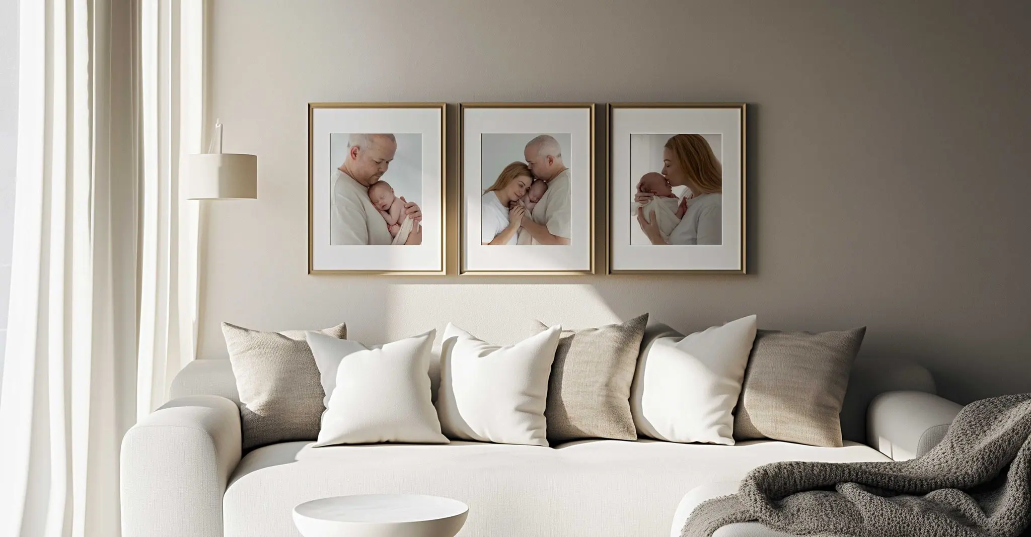 Framed newborn and family portraits displayed above a neutral-toned sofa in a luxury living room.