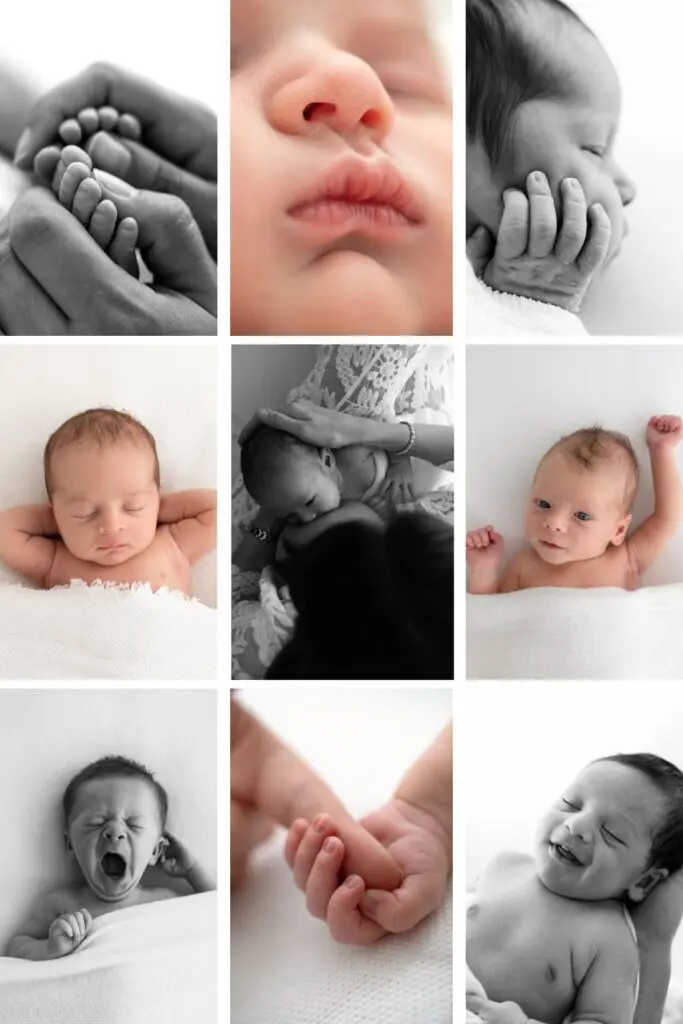 newborn photography: collage of 9 images including baby details