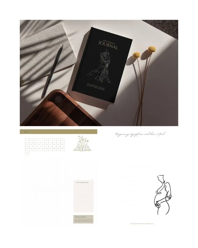 Pregnancy Journal for expectant mothers, featuring a black cover with an elegant line drawing of a pregnant woman, alongside inside pages designed for documenting symptoms, gratitude, mood tracking, and pregnancy reflections. Photography by Valentina