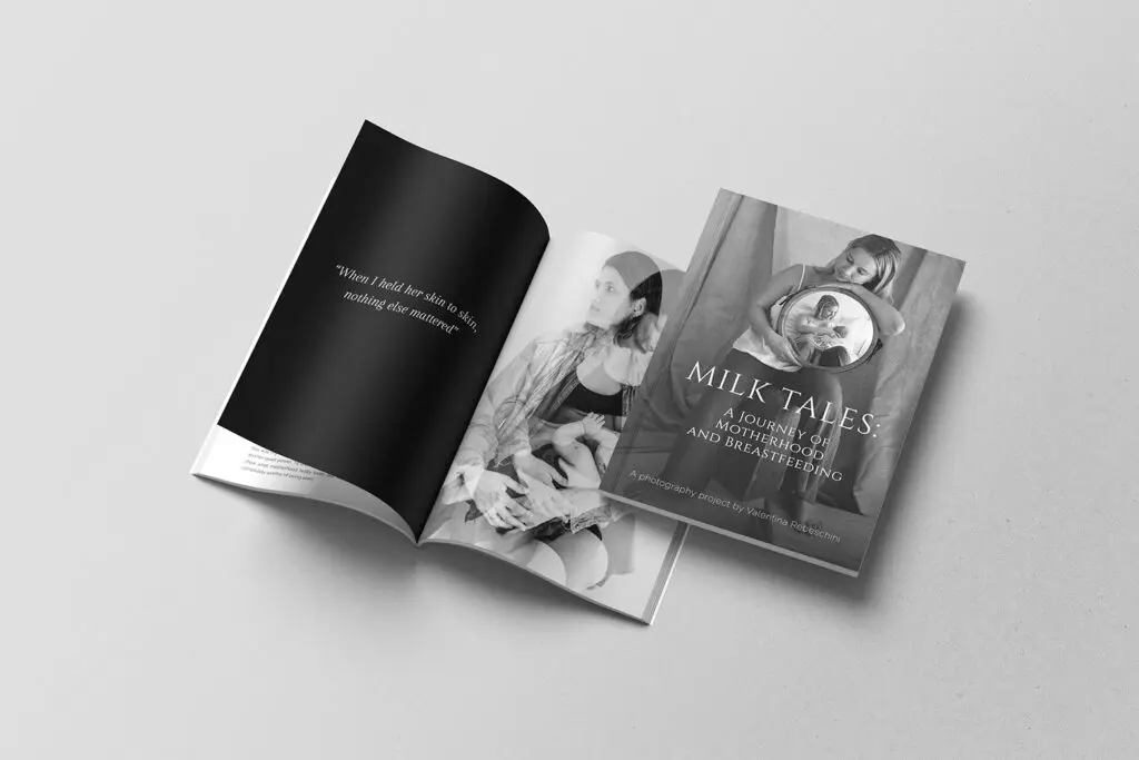 Milk Tales book cover by Valentina Rebeschini, a photography book about breastfeeding challenges and difficulties and motherhood