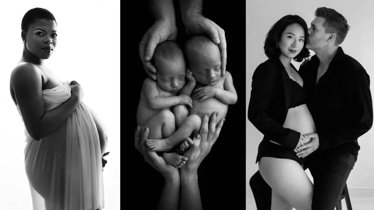 A black and white collage of maternity and newborn portraits by London photographer Valentina Rebeschini, featuring an expectant mother, newborn twins, and a maternity couple, celebrating connection and timeless beauty.