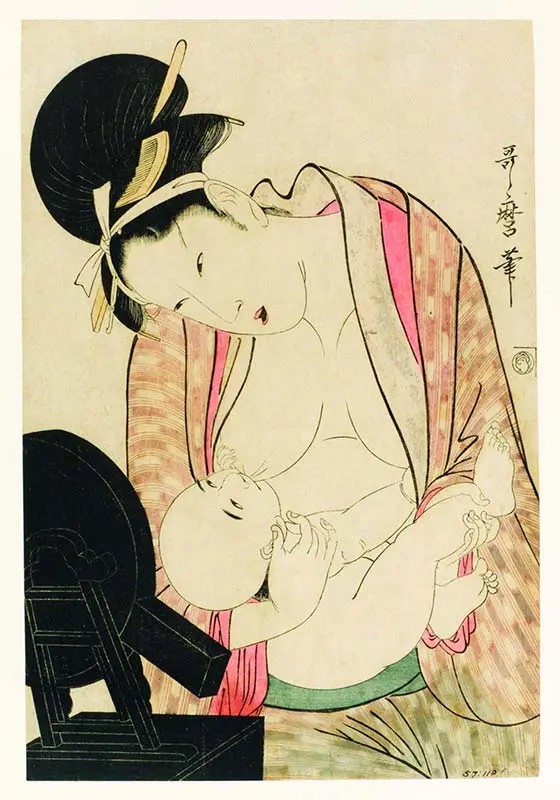 Mother Nursing Child Japanese woodblock print by Kitagawa Utamaro II showing breastfeeding as everyday life from 1801