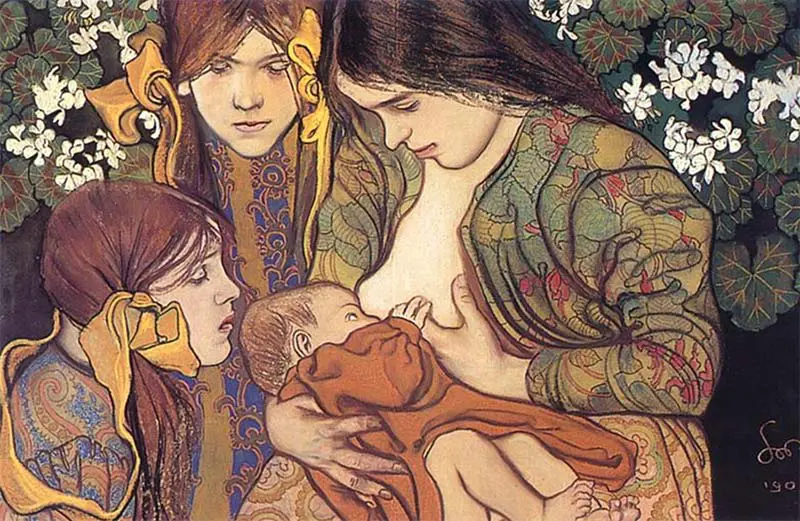 Motherhood painting by Stanisław Wyspiański capturing absorbed state of nursing mother from 1905