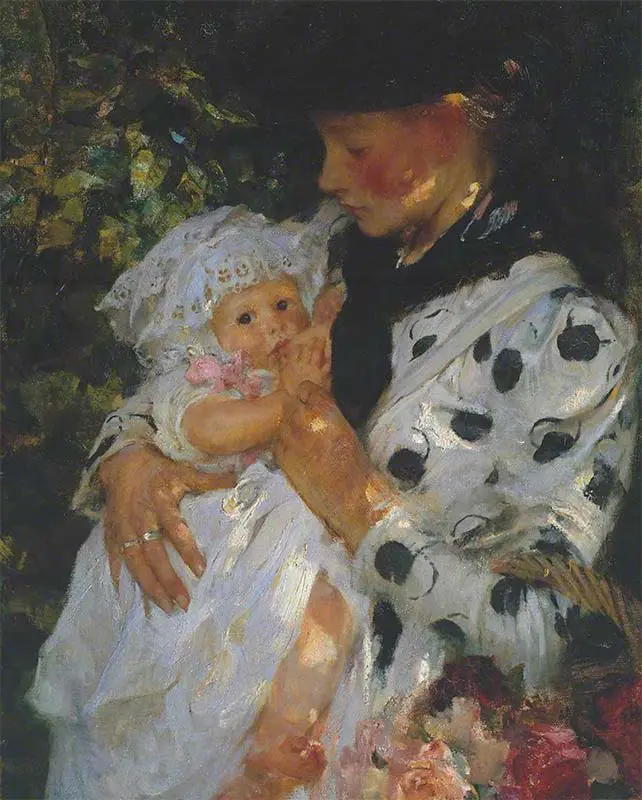 The Flower Girl by Sir James Jebusa Shannon including nursing mother in background of daily life scene