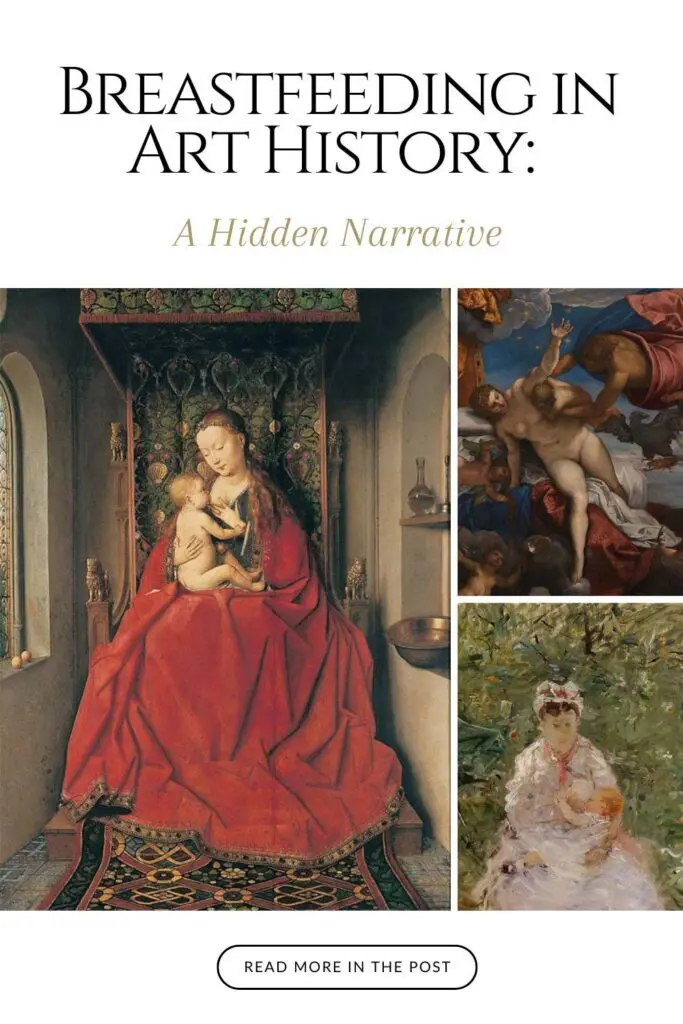 Collage of historical breastfeeding paintings spanning centuries from Madonna Lactans to Impressionist art showing hidden narrative in art history