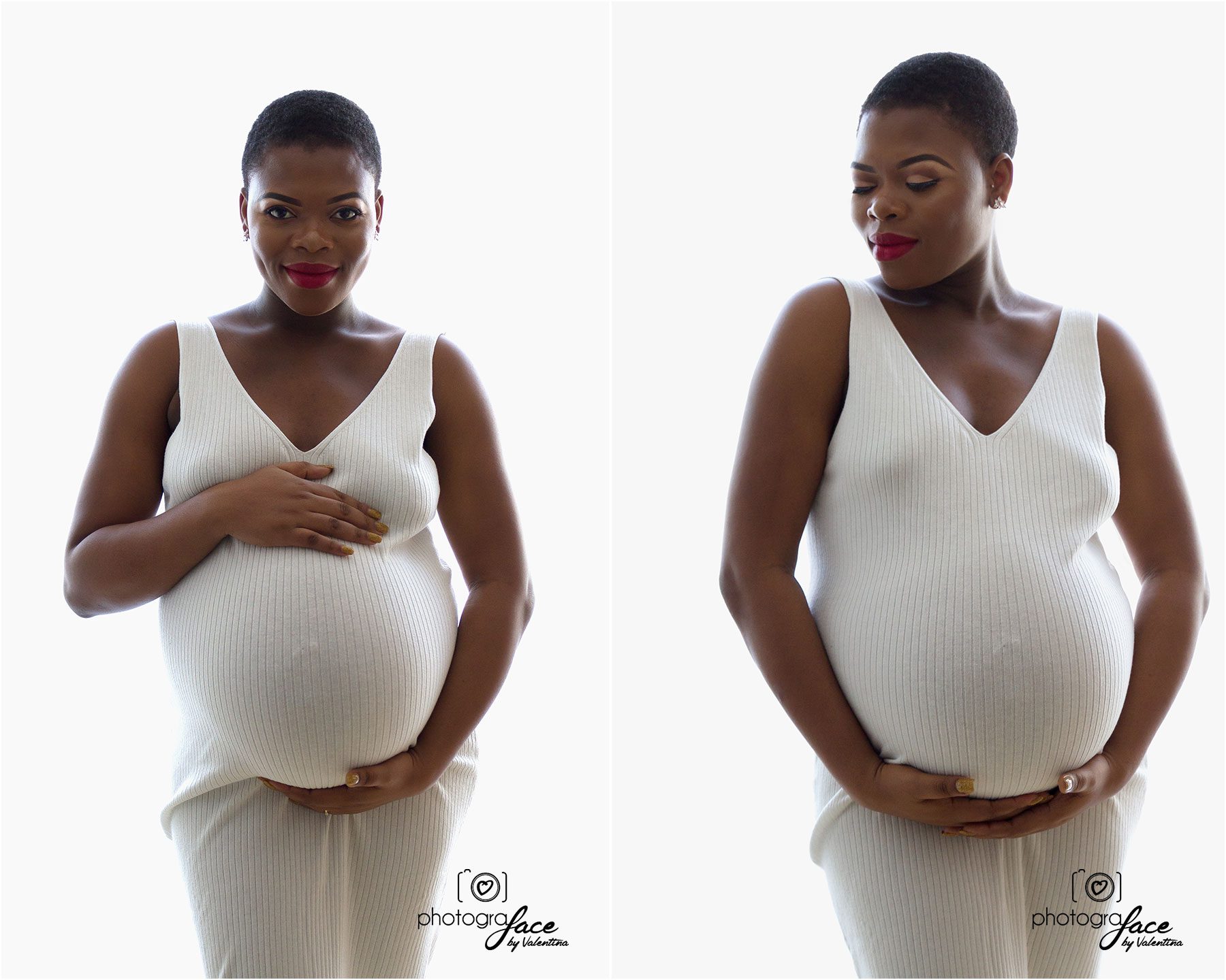 black mum wearing a white dress during her maternity photoshoot in London