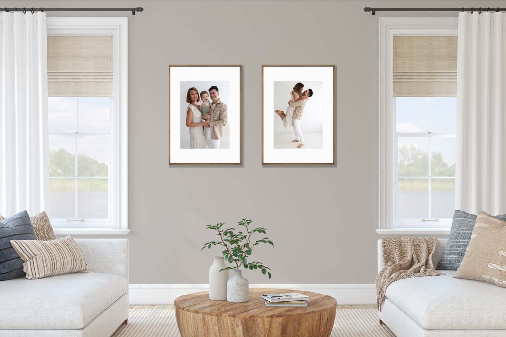 living room displaying family photos on the wall
