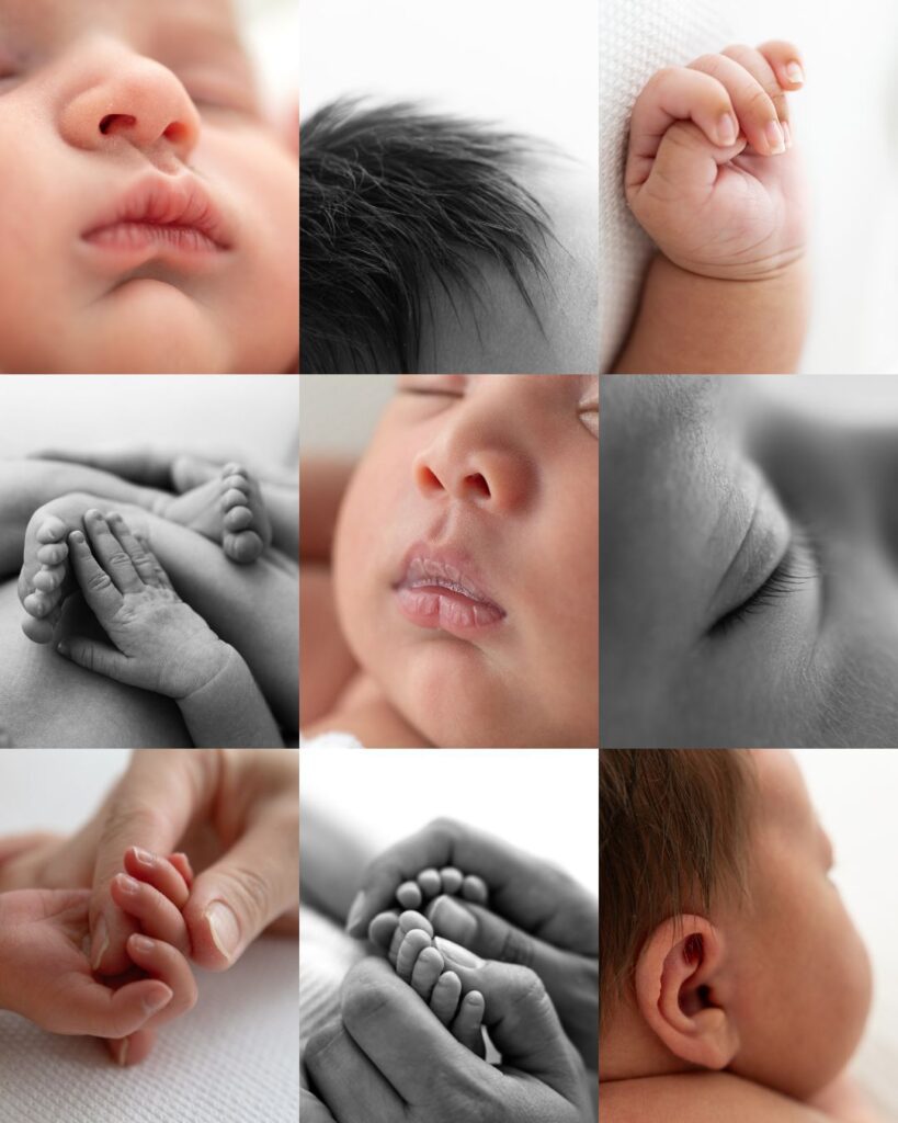 Newborn photography collage with close-ups of baby features, cuddles, and natural studio moments — Photography by Valentina, London.