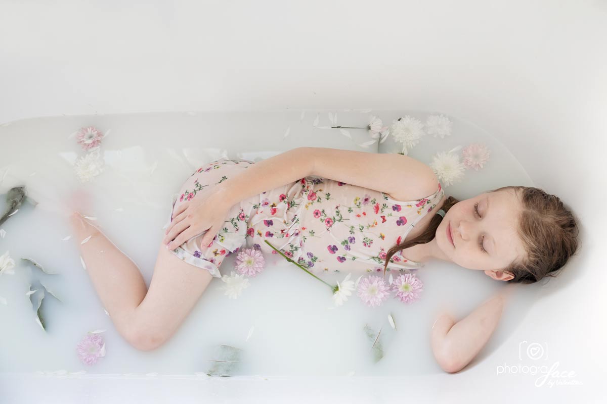 children photography, white background, girl in milk