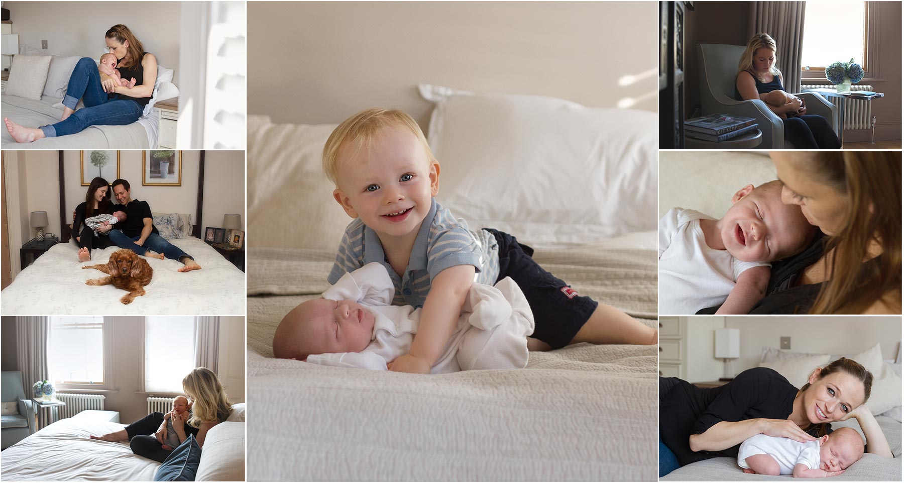 collage of photos taken during a home newborn session: mum on the bed holding baby, mum feeding baby, baby smiling