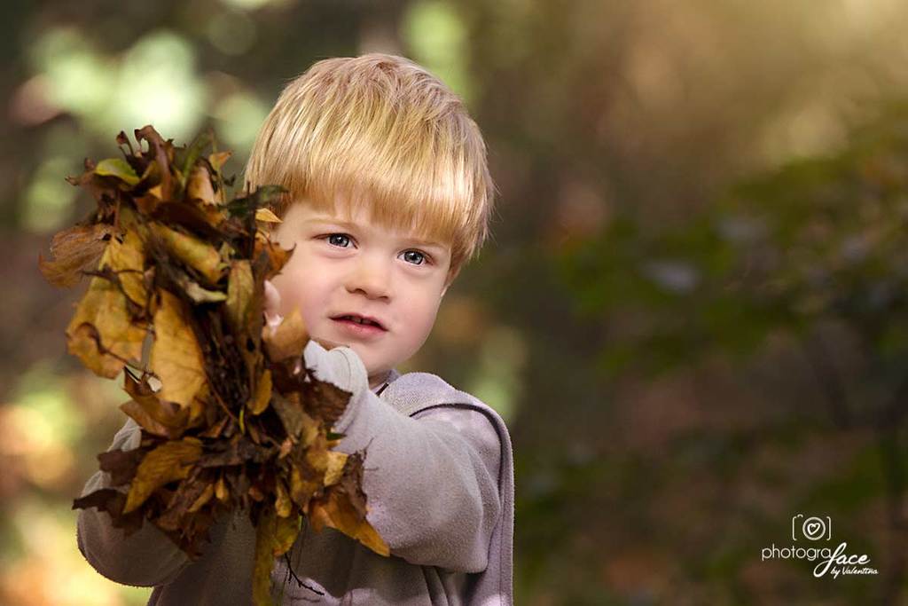 boy with autumn leaves in his hands