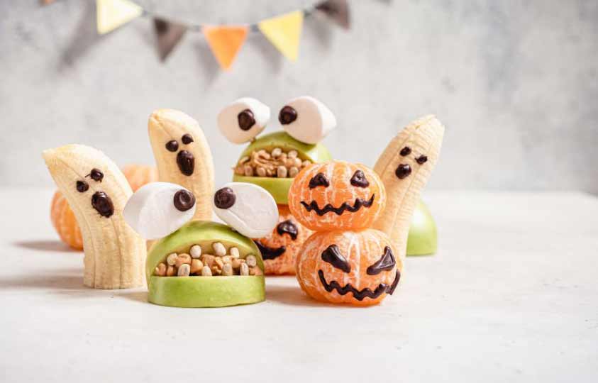 Halloween Recipes For Toddlers: banana ghosts, satsuma pumpkin, apple monster mouth. 