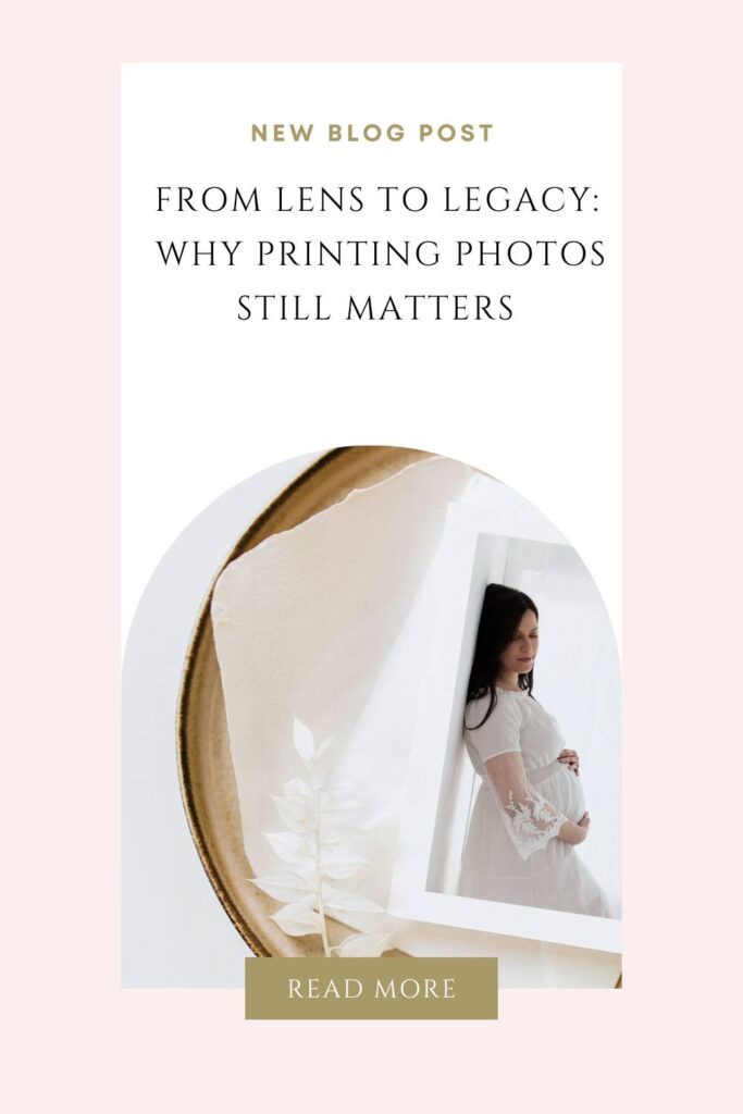 graphic image for the blog- Why Printing Photos Still Matters 
The title appears on top of a print portraying a pregnant woman