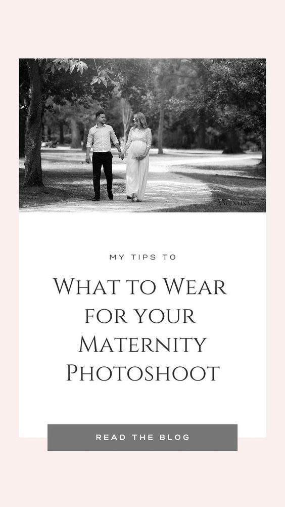 graphic for the blog post - pregnant couple walking in a park holding hand and looking at each other. 
Underneath the title of the post "what to wear for maternity photos"