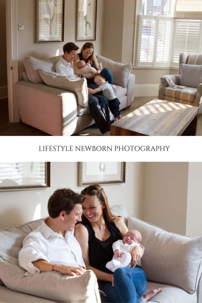 mum and dad on the sofa holding newborn baby during a lifestyle newborn photography