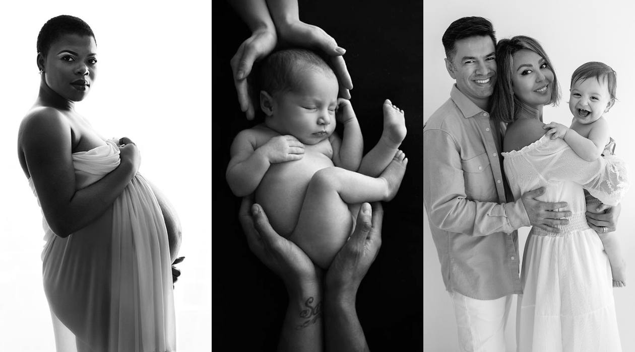 collage of 3 black and white photos - maternity, newborn and family portraits