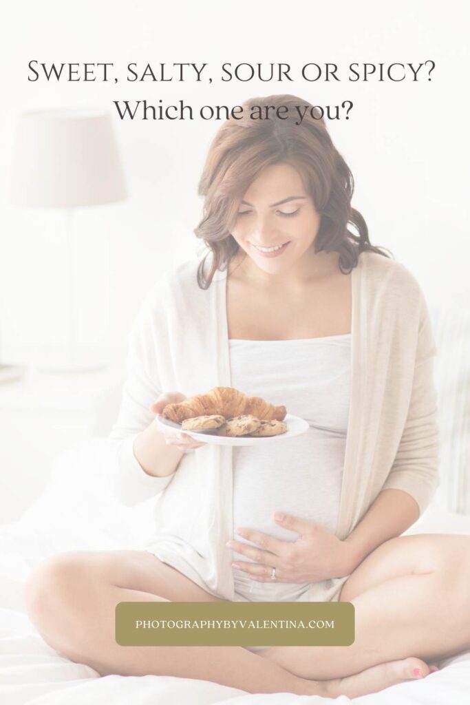 title image - pregnant sitting on the bed with a plate of biscuits. 