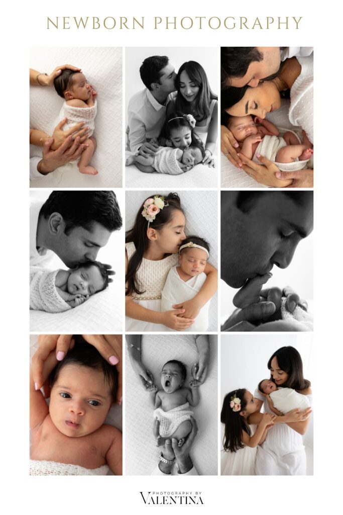collage of 9 photos of newborn girl with her family. Photos taken during a newborn shoot in London