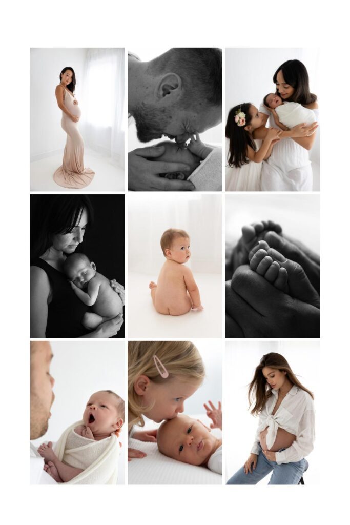 portrait photography; 9 images of newborn, babies and expecting mums