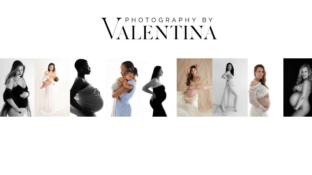 Maternity photography collage featuring diverse pregnant women in elegant, minimalist poses—captured by London photographer Valentina in soft natural light and timeless black-and-white tones.