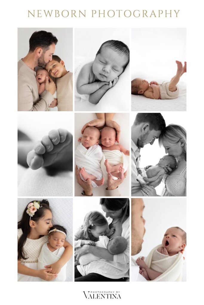 collage of 9 images of newborn photography