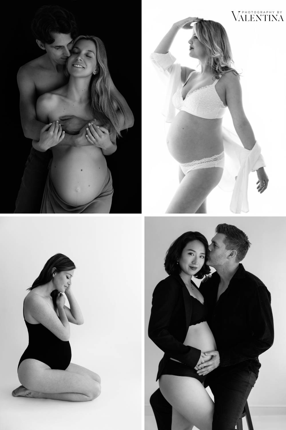 collage of 4 maternity portraits: pregnant woman alone and together with her partner. All black and white images