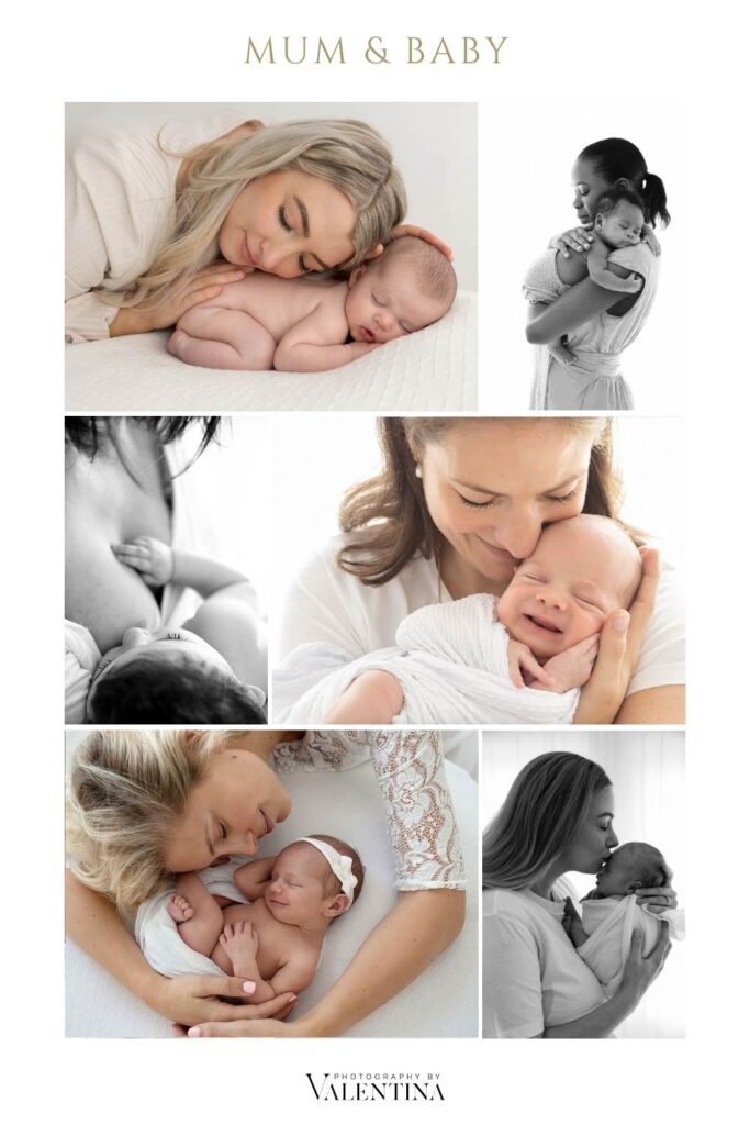 collage of photos of mums and their newborn during a newborn phot shoot in London