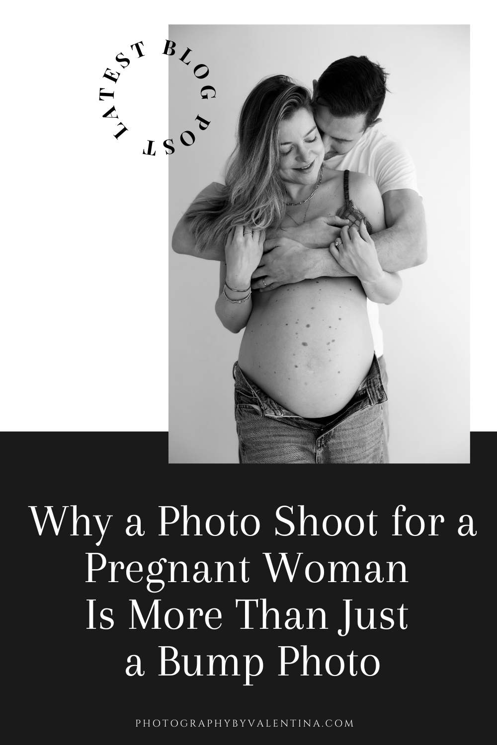 Intimate black and white photo shoot for pregnant woman showing couple embracing with hands on belly during maternity photography session