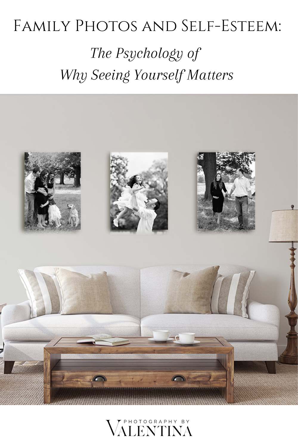 A cosy living room with framed black-and-white family photos on the wall, symbolising belonging, confidence, and the psychology of family photography.