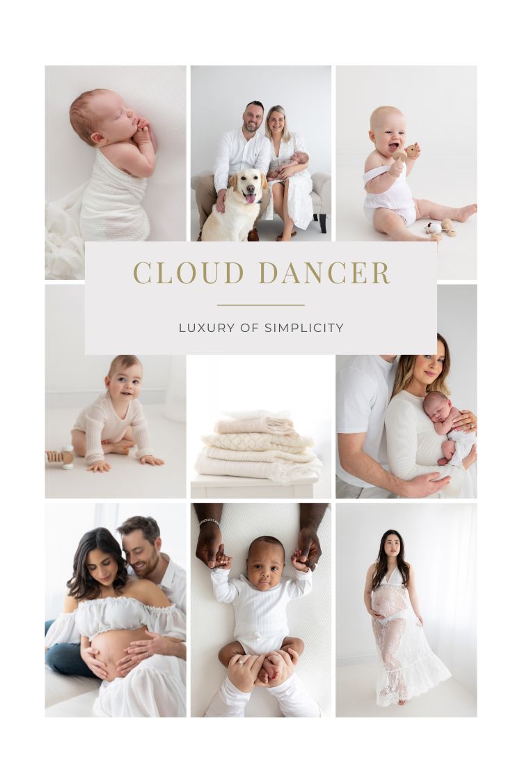 Collage of baby and newborn images showing white as main colour, representation of pantone colour cloud dancer