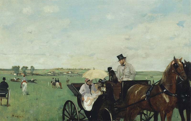 At the Races in the Countryside by Edgar Degas showing nursing mother in outdoor social setting from 1869