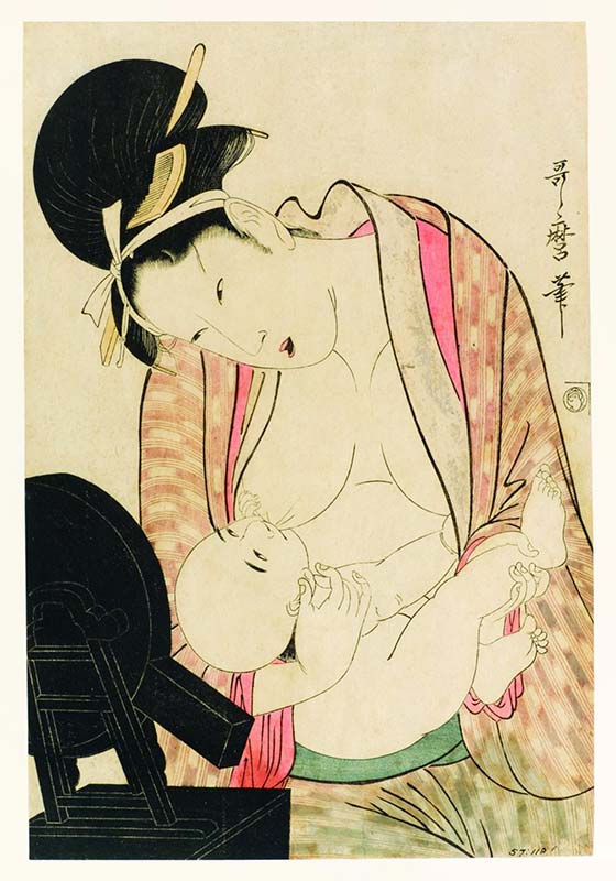Mother Nursing Child Japanese woodblock print by Kitagawa Utamaro II showing breastfeeding as everyday life from 1801