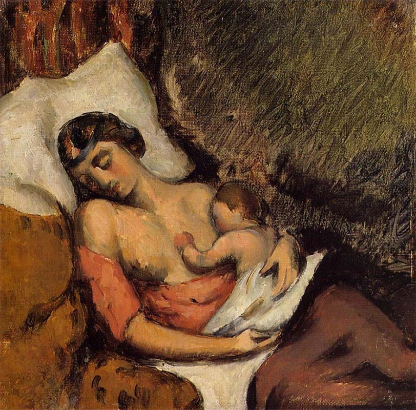 Hortense Breast Feeding Paul painting by Paul Cezanne showing intimate domestic breastfeeding - breastfeeding in art history