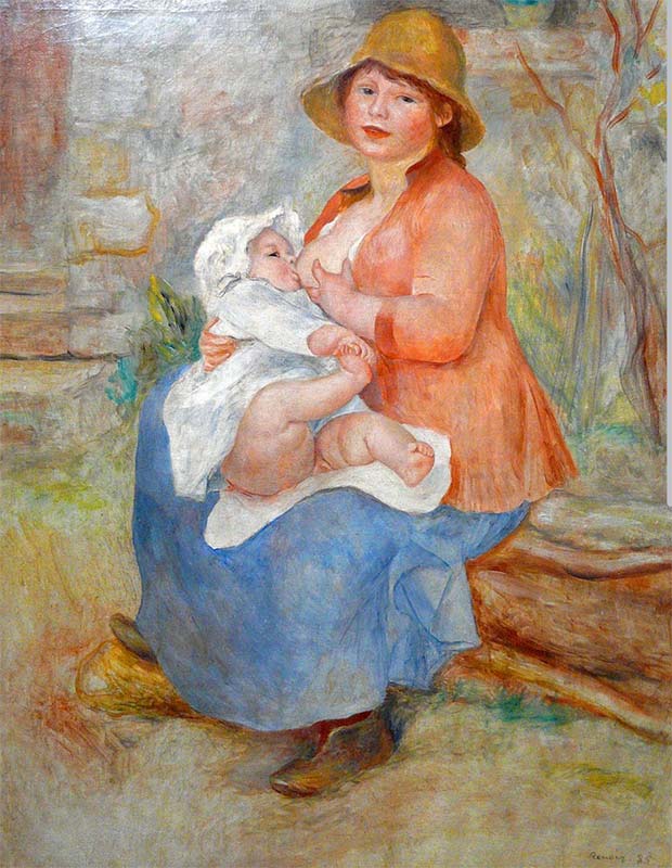Maternity painting by Pierre Auguste Renoir showing mother nursing child in Impressionist style from 1885