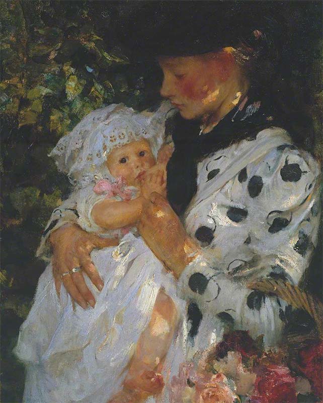 The Flower Girl by Sir James Jebusa Shannon including nursing mother in background of daily life scene