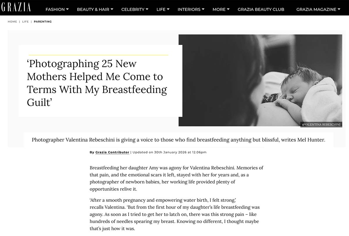 Grazia magazine article titled Photographing 25 New Mothers Helped Me Come to Terms With My Breastfeeding Guilt featuring photographer Valentina Rebeschini