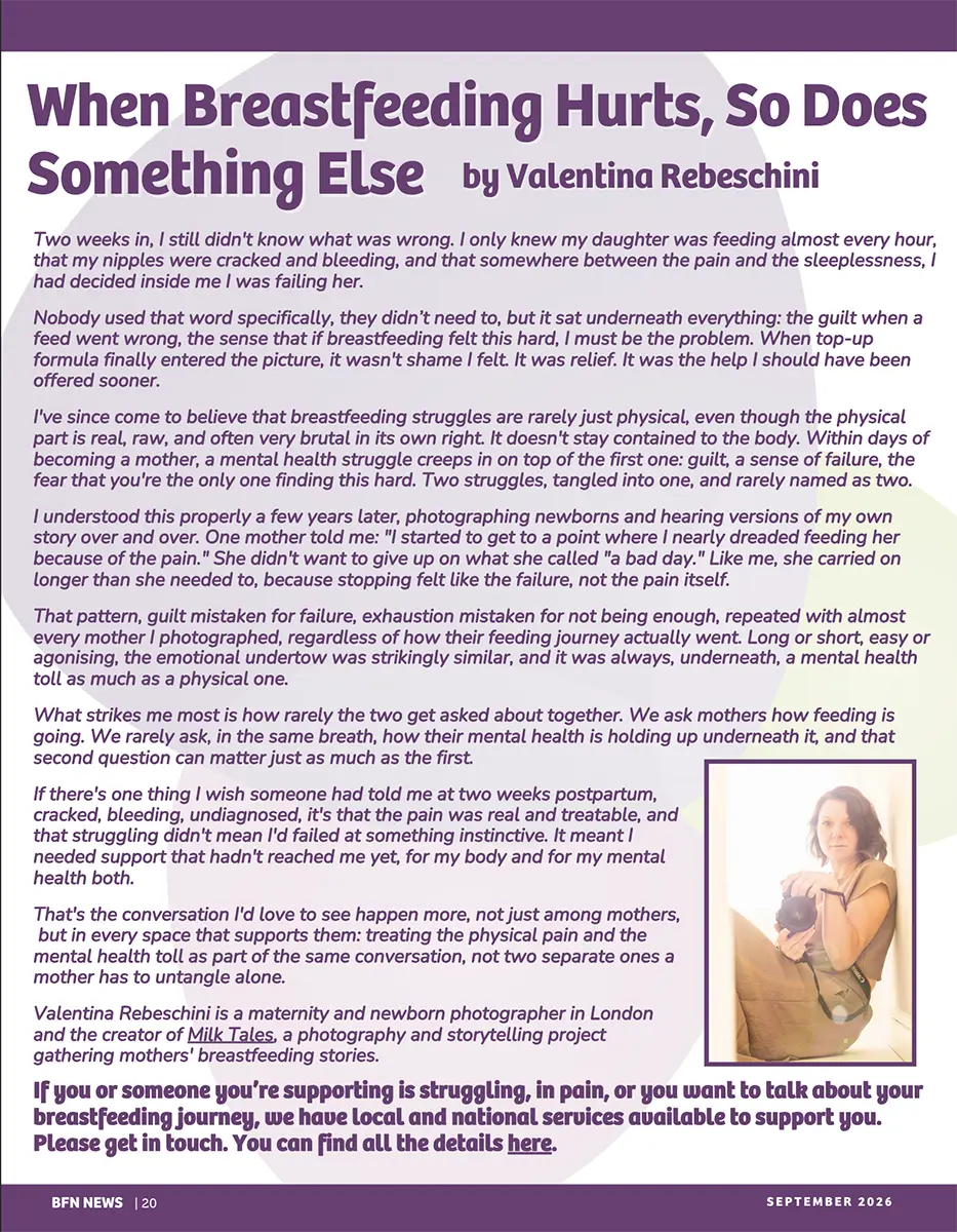 When breastfeeding hurts, article by Valentina Rebeschini on page 20 of BfN News, September 2026